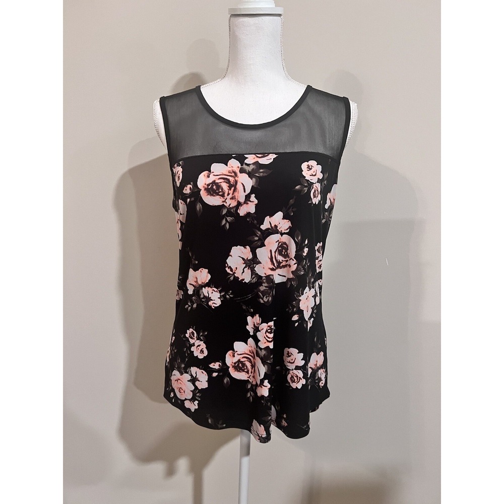 Black / Peach Floral Sleeveless Babydoll Top Size Large